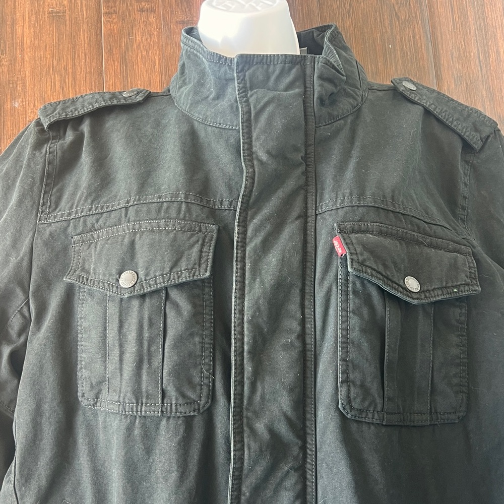 Mens Levi’s Black Cotton Sherpa Lined Military Stand Up Collar Jacket Coat Large